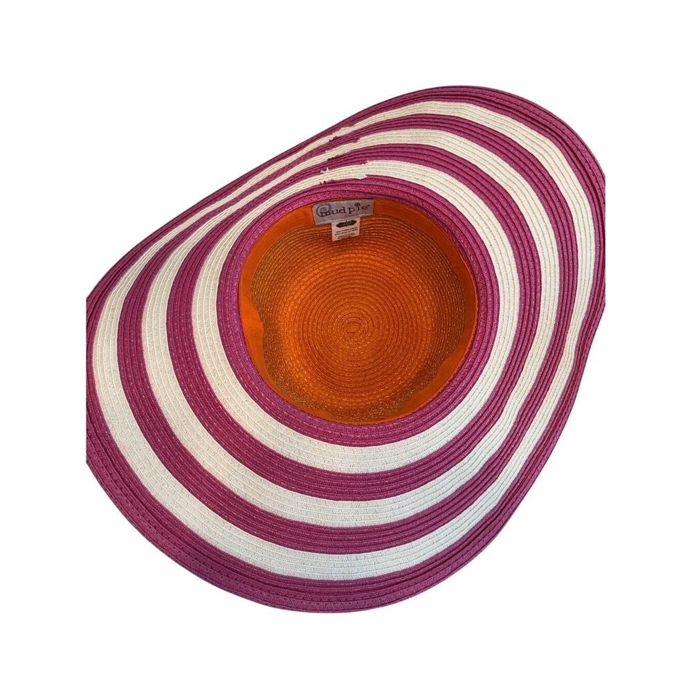 Mud Pie Womens Striped Paper Straw Sun Hat Pink Yellow Wide Brim Gold Detail - Picture 3 of 4